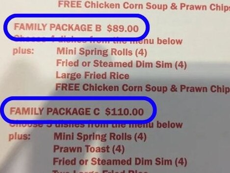 Aussies have been appalled by the jump in prices at a Chinese restaurant, declaring it "shrinkflation manifest". Picture: Reddit.