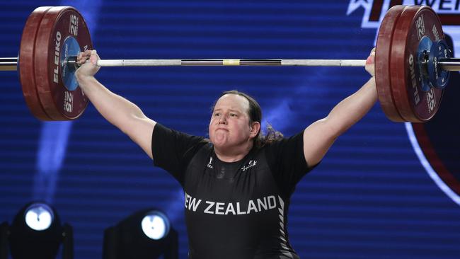 ransgender athlete Laurel Hubbard from New Zealand competes in the women's 90+ kg weight class competition at the Weightlifting World Championships in California in 2017. Picture: EPA/ike Nelson