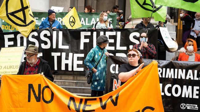 Protesters from Extinction Rebellion among other climate action groups on parliament Steps in Adelaide. Picture: NCA NewsWire / Morgan Sette