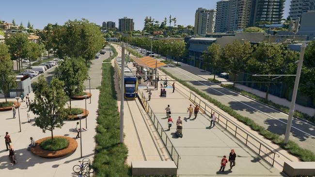 Artist impression of Gold Coast Light Rail Stage 4 between Tugun and Coolangatta, including Gold Coast Airport and the NSW border. Picture: Department of Transport and Main Roads.