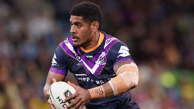 Tui Kamikamica of the Melbourne Storm runs with the ball during the second NRL Semi Final match between the Melbourne Storm and the Parramatta Eels at AAMI Park in Melbourne, Saturday, September 21, 2019.  (AAP Image/Scott Barbour) NO ARCHIVING, EDITORIAL USE ONLY