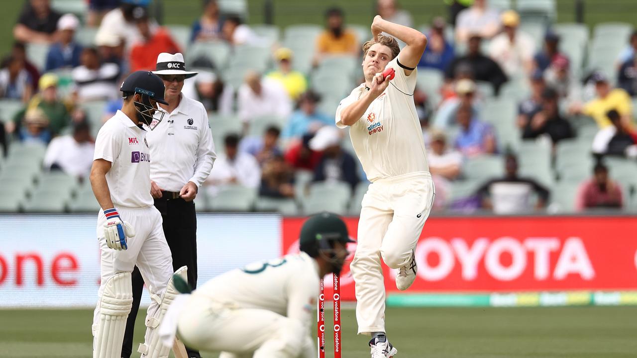 Cameron Green of Australia bowls his first ball in Test cricket.