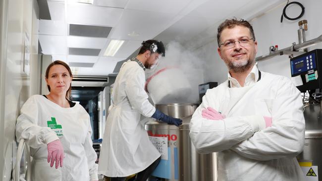 Dr Orazio Vittorio, on right, and team members Dr Federica Saletta and PhD student Filip Michniewicz from the Children’s Cancer Institute in Sydney and the University of New South Wales. Picture: Jonathan Ng