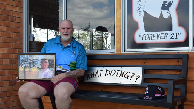 Joels Weeks' dad Matthew Weeks on the memorial seat at the Biloela Bowls Club. Picture: Aden Stokes