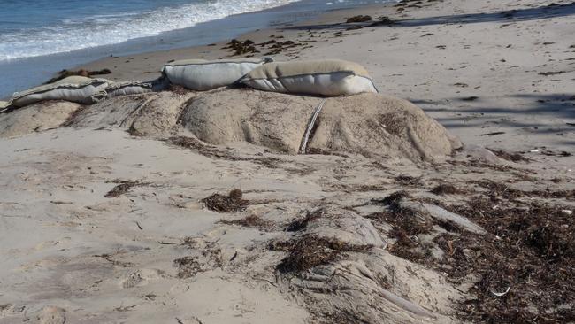 Sandbag groynes at Victor Harbor showing zigzag erosion. Picture: IAN DYSON