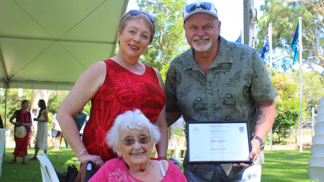 John Lardner with partner Terri and mother Shirley after receiving the 2021 Coffs Harbour Citizen of the Year award on Australia Day.  Photo: Tim Jarrett