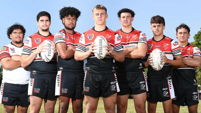 Seven of Kirwan State High School's Clontarf Foundation students will represent Queensland against a NSW team on Saturday as a curtain-raiser for the Cowboys NRL match. Cooper Pearson, Jeffrey Ross, Anthony Iorangi, Kaiden Lahrs, Elijah-Shane Tapau, Darius Carter and Cohen Emmi. Picture: Shae Beplate.