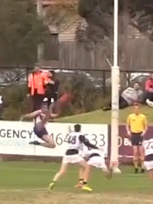 Ahmed Saad launches his boot at the ball to kick his seventh goal on Sunday.