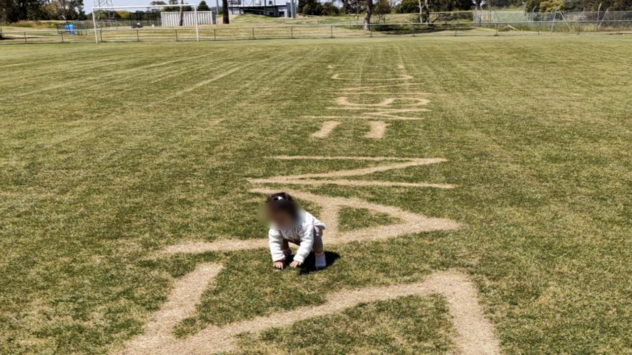 Anti-Semitic graffiti was found scrawled across the grass at Mill Park, a beloved children’s playground in Melbourne. Picture: Supplied