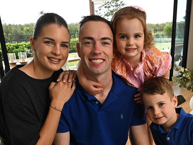 30/9/2024:  Pro jockey Jimmy Orman and his family, wife Heidi, Floyd 4 and Hallie 3 at the home they are selling in Nudgee, Brisbane .pic: Lyndon Mechielsen/Courier Mail