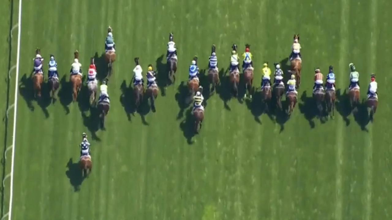 Soulcombe is a conspicuous last after the jump in the 2023 Melbourne Cup.