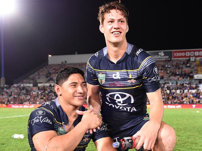 Cowboys players Jason Taumalolo (left) and Kalyn Ponga topped the metres for their side.