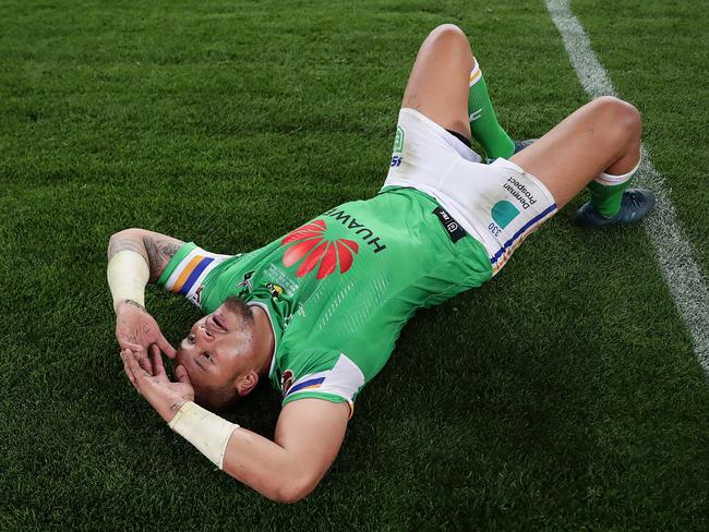 SYDNEY, AUSTRALIA - OCTOBER 06:  Joseph Leilua of the Raiders lays on the field dejected after the 2019 NRL Grand Final match between the Canberra Raiders and the Sydney Roosters at ANZ Stadium on October 06, 2019 in Sydney, Australia. (Photo by Mark Metcalfe/Getty Images)