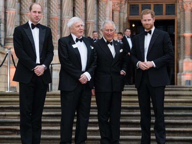 ”There’s always been competition between us,” Prince Harry has said of his brother, pictured with King Charles and Sir David Attenborough. Picture: Samir Hussein/WireImage