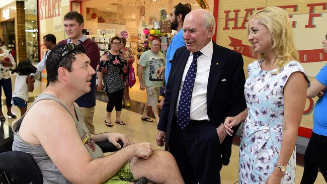 John Howard and Liberal candidate for Lindsay Melissa McIntosh meet members of the public during a street walk in Penrith. Picture: Bianca De Marchi