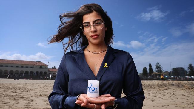 Michal Ohana, at Bondi Beach the week, lost 10 of her friends at the Nova Music Festival in Re’im on October 7. Picture: John Feder