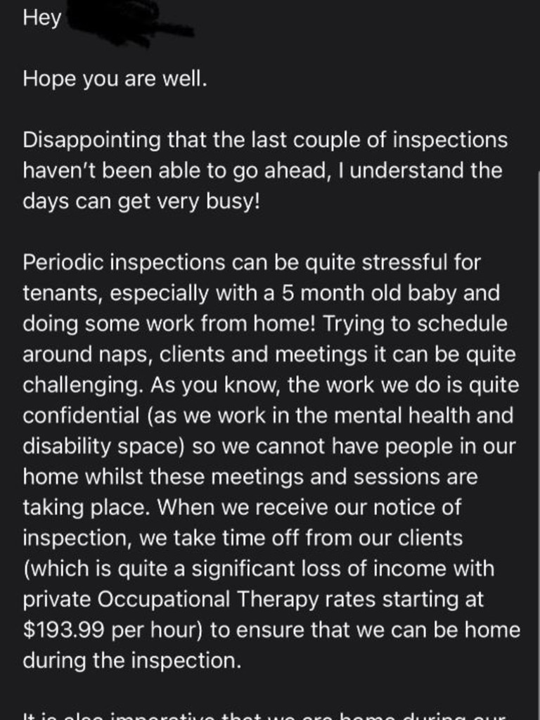 This is part of the email Eliza sent following the agent repeatedly not being on time to routine inspections. Picture: @elizarose1996/TikTok