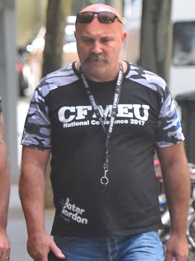 CFMEU bosses John Setka and Shaun Reardon on blackmail charges outside the Melbourne County Court. Picture: Tony Gough