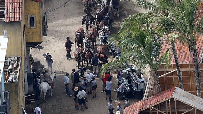 Actors and film crew on the giant outdoor set built at Maudsland for filming of Pirates of the Caribbean: Dead Men Tell no Tales. Picture Glenn Hampson.