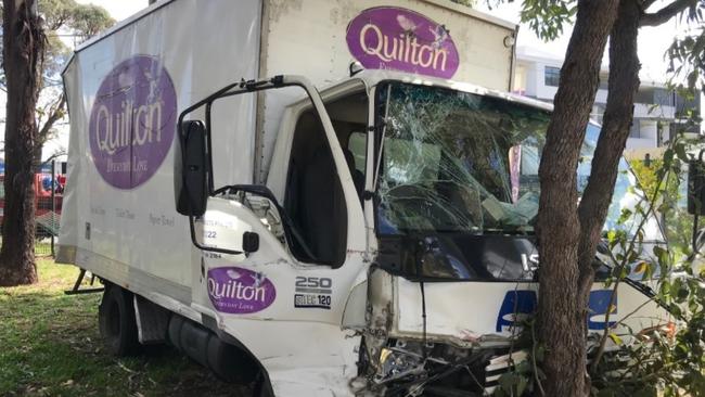 Two trucks were involved in a crash in Carramar. Picture: Fire and Rescue NSW