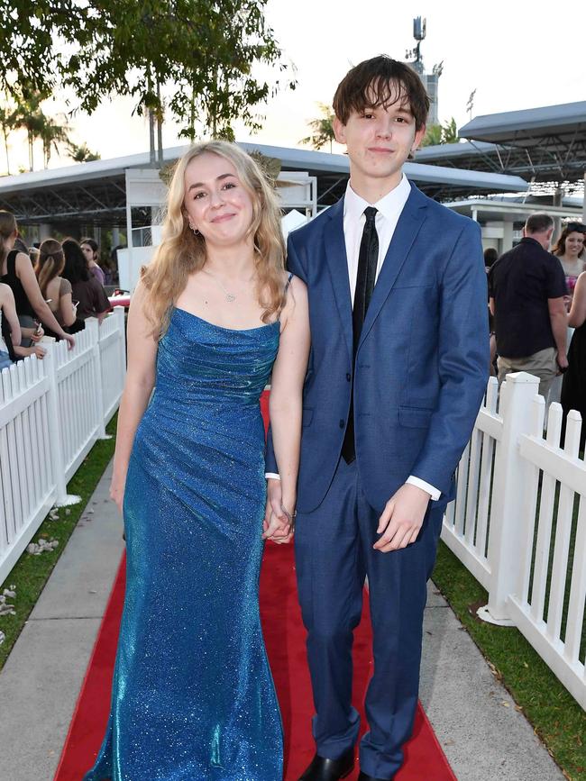 Kyla Malcolm and Caleb Davies at the 2023 Caloundra State High School Year 12 formal. Picture: Patrick Woods.