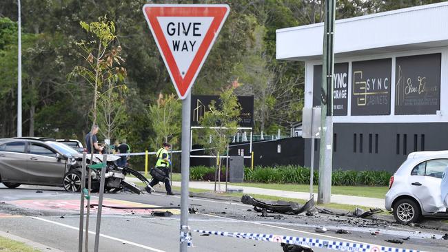 A woman has died in a horror crash involving a young driver allegedly in a stolen Mercedes outside a school on the Sunshine Coast. Picture: Patrick Woods.