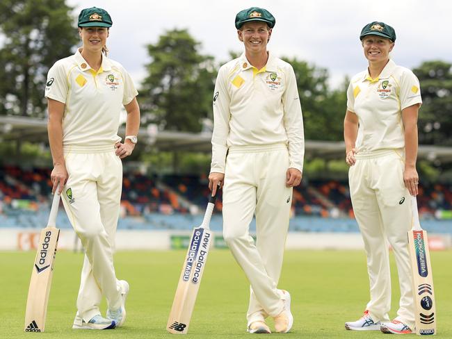 Ellyse Perry, Meg Lanning and Alyssa Healy on Manuka Oval ahead of the Ashes Test. Picture: Getty