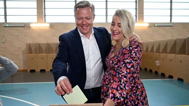 GOLD COAST, AUSTRALIA - NewWire Photos - JULY 15, 2023. LNP candidate for the federal seat of Fadden, Cameron Caldwell and his wife Lauren vote at Coomera Rivers State School in the seatÃs by-election, following the resignation of Stuart Robert.Picture: Dan Peled / NCA Newswire