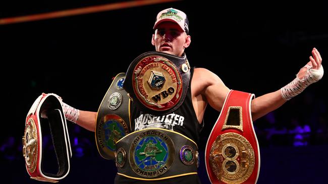 Issac Hardman celebrates winning against Adam Stowe during the middleweight bout at Fortitude Music Hall last December. Picture: Getty Images