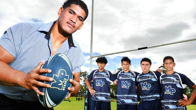 Alex Leapai, Jordan Tuuga-Stevenson, Riley Baker, Benji Quinlan and Daniel Ratuere from Mabel Park State High School. Picture, John Gass