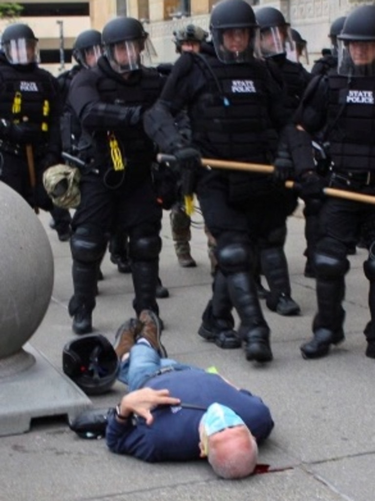 Martin Gugino, a 75-year-old protester, lays on the ground after he was shoved by two Buffalo, New York, police officers during a protest against the death in Minneapolis police custody of George Floyd