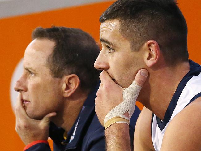 AFL Round 13. 16/06/2018. Hawthorn v Adelaide at the MCG.  Adelaide coach Don Pyke and skipper Taylor Walker on the bench during the 3rd qtr    . Pic: Michael Klein