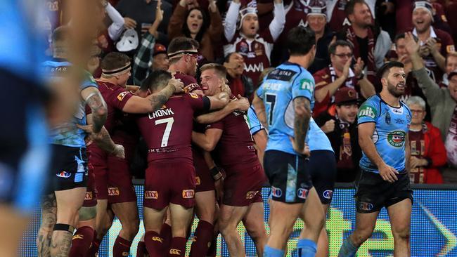 Valentine Holmes scores during the Origin decider between Queensland and NSW at Suncorp Stadium in Brisbane. Pics Adam Head