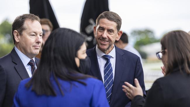 Tabcorp chief executive Adam Rytenskild with Queensland Treasurer Cameron Dick, Racing Minister Grace Grace and Toowoomba Turf Club boss Lizzy King after the announcement of the increase in the point of consumption tax. Picture: Matthew Poon