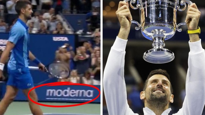 Novak Djokovic celebrates and Moderna sponsor