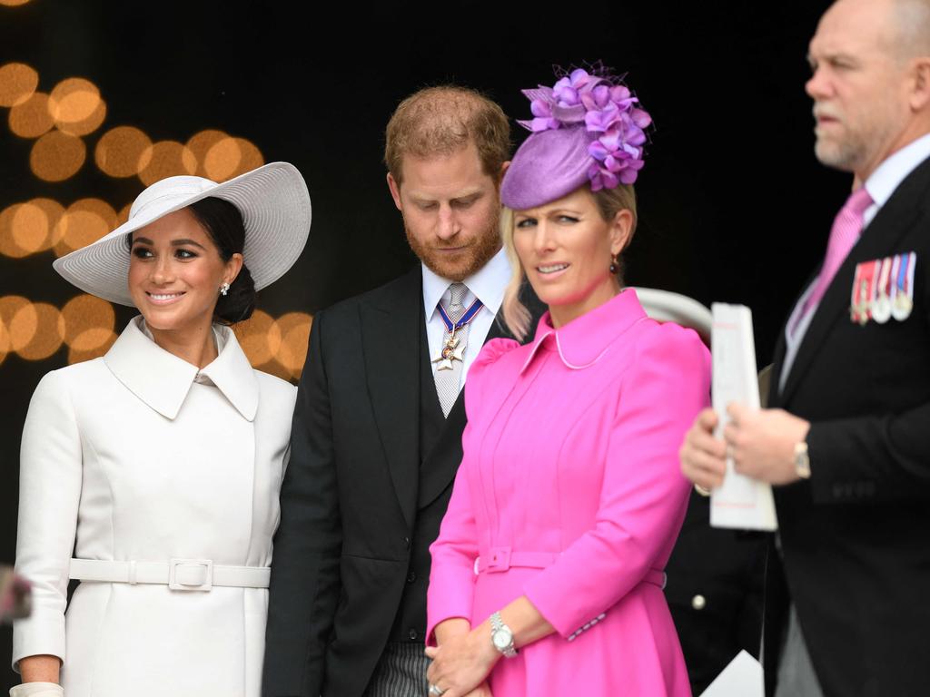 Meghan, Harry, ZARa and Mike at a service in celebration of the late Queen’s Platinum Jubilee in 2022. Picture: Daniel Leal/Pool/AFP