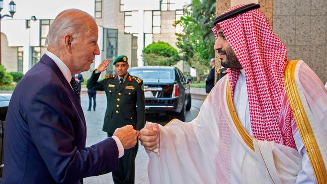 Saudi Crown Prince Mohammed bin Salman bumps fists with Joe Biden at Al-Salam Palace in the Red Sea port of Jeddah. Picture: AFP.