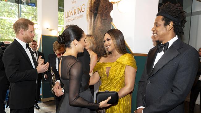 Beyoncé first interacted with Markle and Harry with her husband, Jay-Z, at the London premiere of “The Lion King” in 2019. Picture: Getty Images