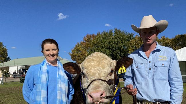 Deanne and Logan Sykes from Mawarra Herefords at Longford with the bull that made $60,000 at Herefords Australia National Show and Sale at Wodonga. Picture: Fiona Myers