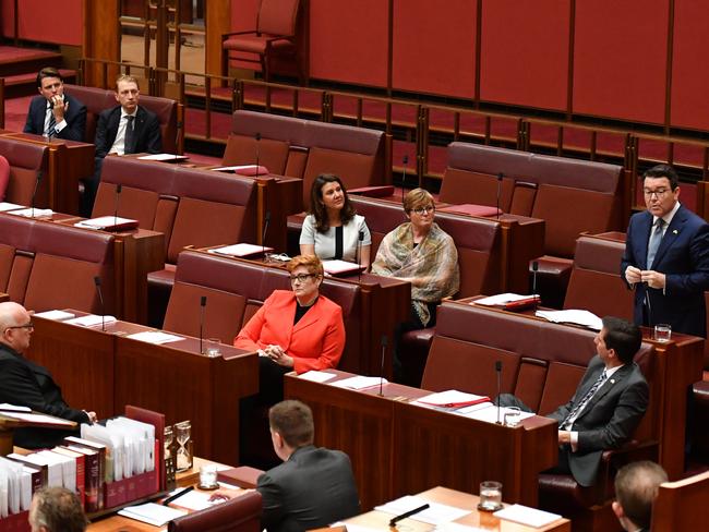 Liberal Senator Dean Smith speaks on the same-sex marriage bill debate in the Senate chamber earlier this month. Picture: Mick Tsikas/AAP