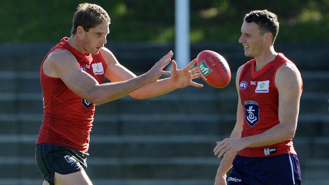 Aaron Sandilands keeps his eye on the ball at training. Picture: Daniel Wilkins