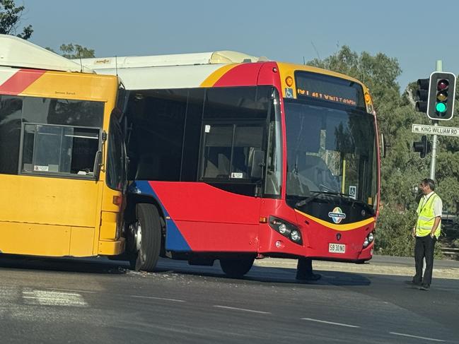 The alarm was raised just before 8.40am to reports the two buses had smashed into each other at the corner of King William Rd and Victoria Dr in Adelaide. Picture: Kelly Barnes