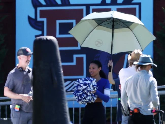 Cast and extras on the US crimes series Good Cop/Bad Cop during filming at Pacific Pines State High School on the Gold Coast. Picture: Nigel Hallett