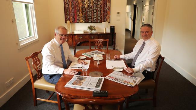 Scott Morrison and Mathias Cormann share breakfast after Mr Cormann resigned as finance minister. Picture: Adam Taylor/PMO