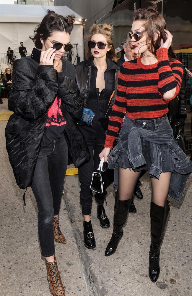 Kendall Jenner, Gigi Hadid and Bella Hadid are seen leaving the Anna Sui fashion show during, New York Fashion Week: The Shows at Gallery 1, Skylight Clarkson Sq on February 15, 2017 in New York City. Picture: Getty