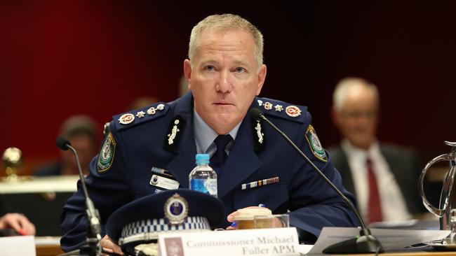 NSW Police Commissioner Michael Fuller at the 2019-2020 Budget Estimates Hearing at NSW Parliament on Thursday. Picture: Richard Dobson