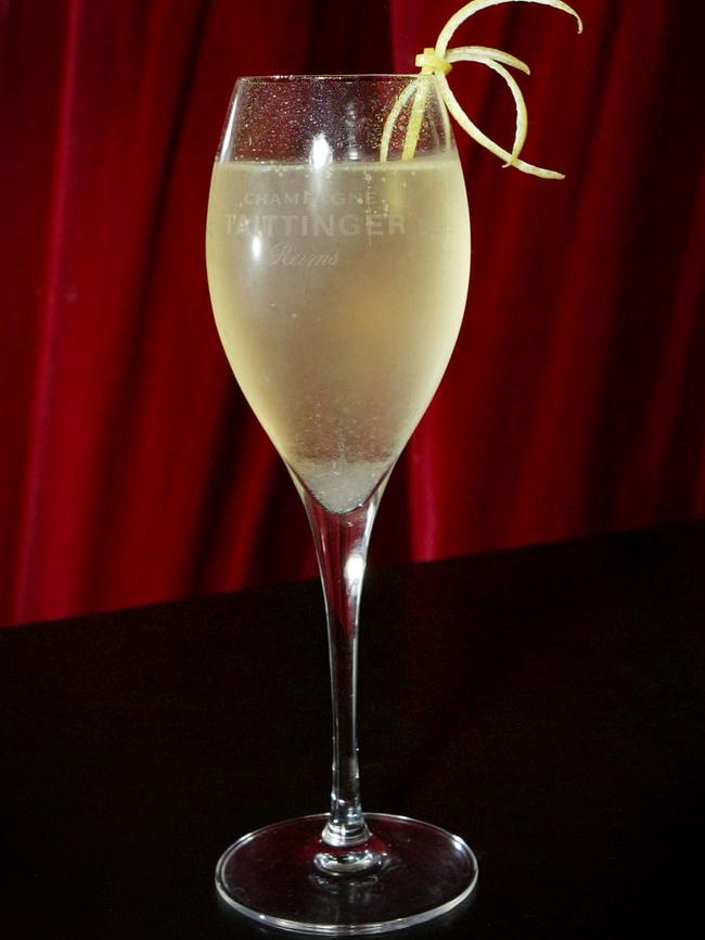 The French 75 cocktail, made from gin, Champagne, lemon juice and sugar.