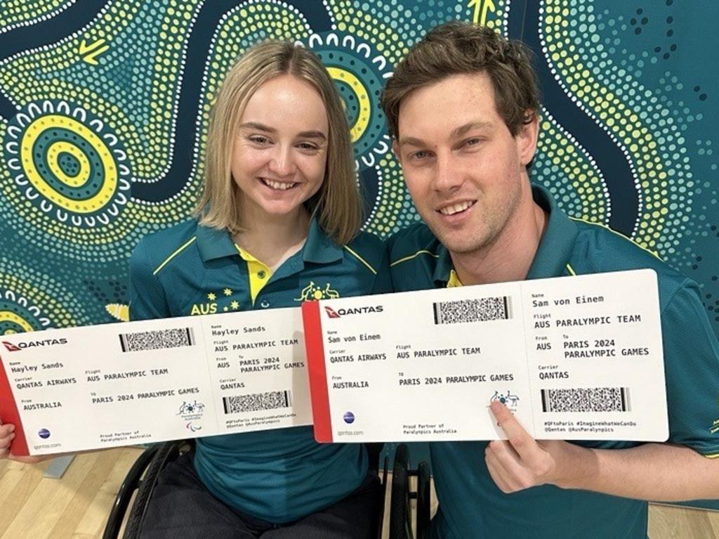 Paralympian Hayley Sands with teammate and partner Sam von Einem, pictured with teammate and partner Hayley Sands holding their tickets to Paris, has won the bronze medal in the men’s MS11 singles standing para-table tennis event. Picture: supplied