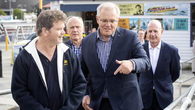 Robert Pennicott, Senator Eric Abetz, Prime Minister Scott Morrison and Tasmanian Premier Peter Gutwein visits Pennicott Wilderness Journeys at Hobart. Picture Chris Kidd