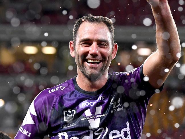 BRISBANE, AUSTRALIA - OCTOBER 16: Cameron Smith of the Storm is chaired from the field after the NRL Preliminary Final match between the Melbourne Storm and the Canberra Raiders at Suncorp Stadium on October 16, 2020 in Brisbane, Australia. (Photo by Bradley Kanaris/Getty Images)